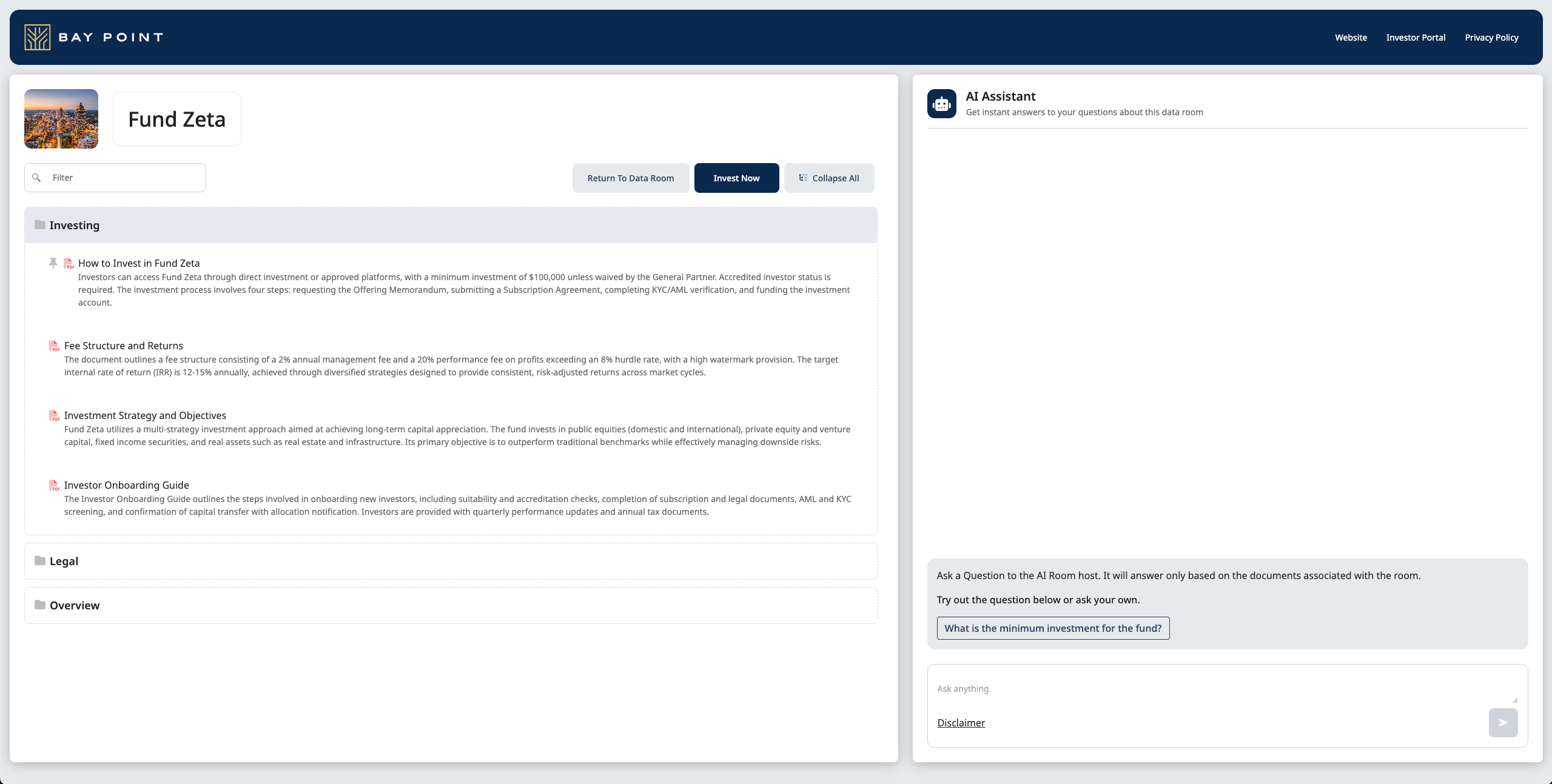 AI-powered data room interface